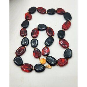Vintage Dark Red Black acrylic Beaded Necklace With Gold Accents
